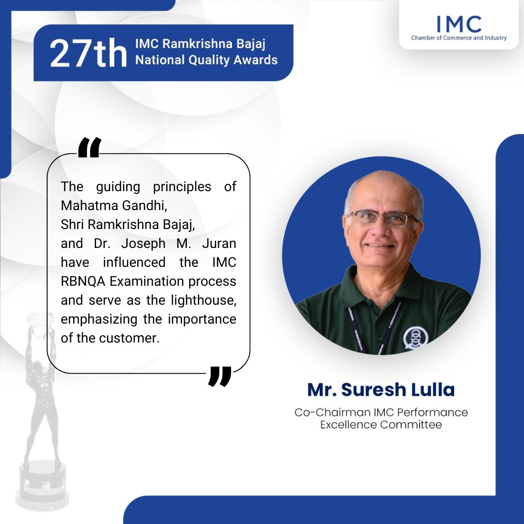 At the illustrious 27th Ramkrishna Bajaj National Quality Awards ceremony, Mr. <a href="/SureshLulla/">Suresh Lulla</a>, Co-Chairman of the IMC Performance Excellence Committee, underscores the paramount importance of prioritizing the customer in business strategies.

#IMC #IMCRBNQA