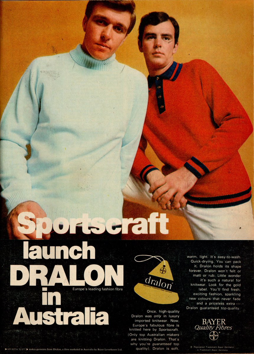 'Once, high-quality Dralon was only in luxury imported knitwear. Now, Europe's fabulous fibre is knitted here by Sportscraft...' (x.com/LaurenRosewarn…) Bayer Quality Fibres, Dralon. New Idea, 1968.