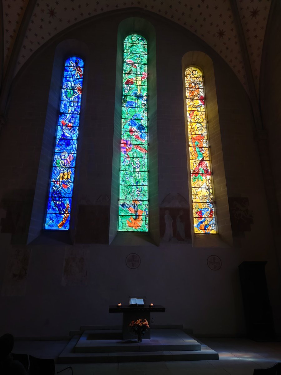 Mark Chagall's fabulous stained glass (three of the five in the chancel) in the Fraumünster, Zürich. The other two to follow. #StainedGlassSunday