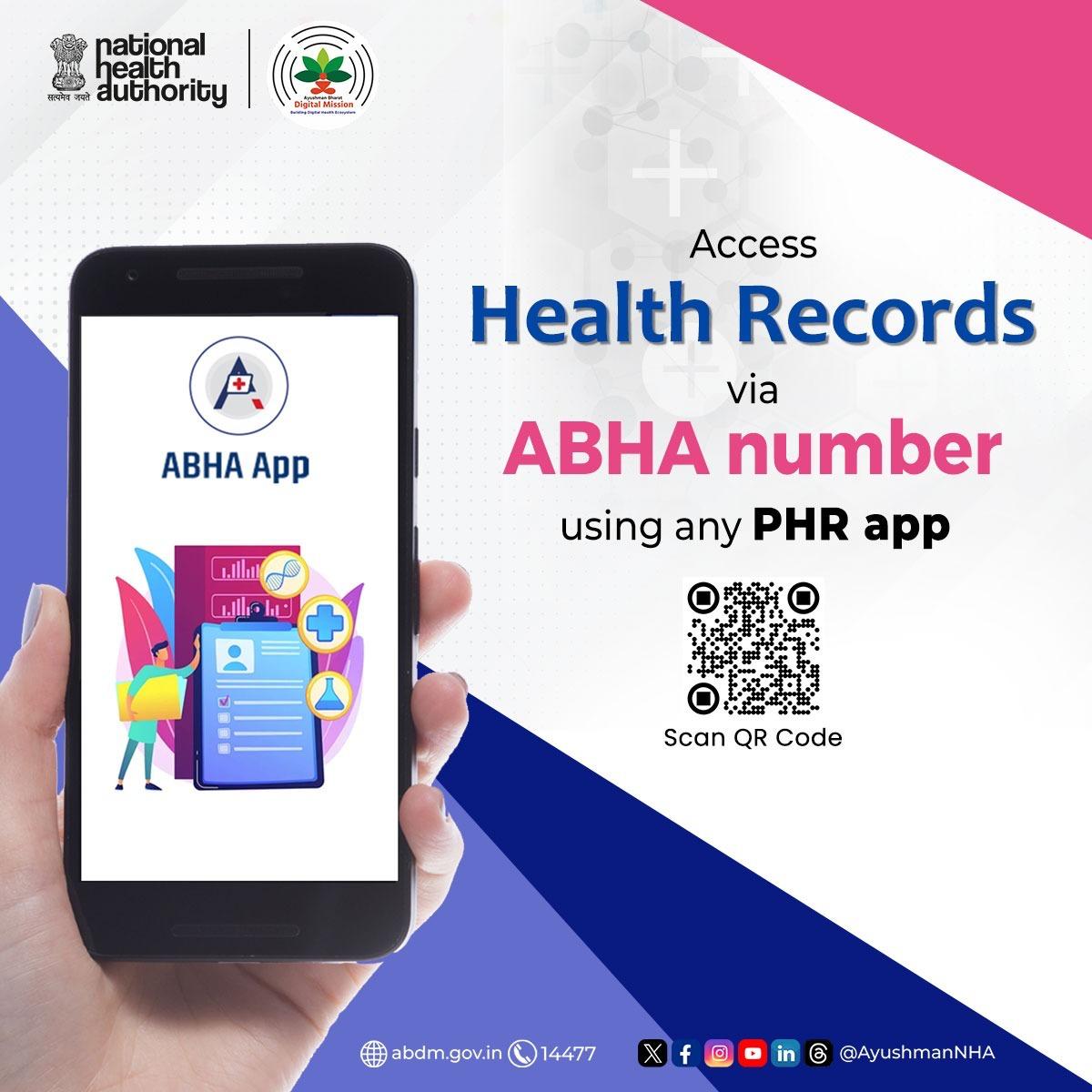 Your health records created under leading government health programs like PMJAY, COWIN, NCD, eSanjeevani, ESIC etc. are getting linked to your ABHA number. You can use any ABDM-compliant Personal Health Records App to access your records on your phone: phr.abdm.gov.in/uhi/1231