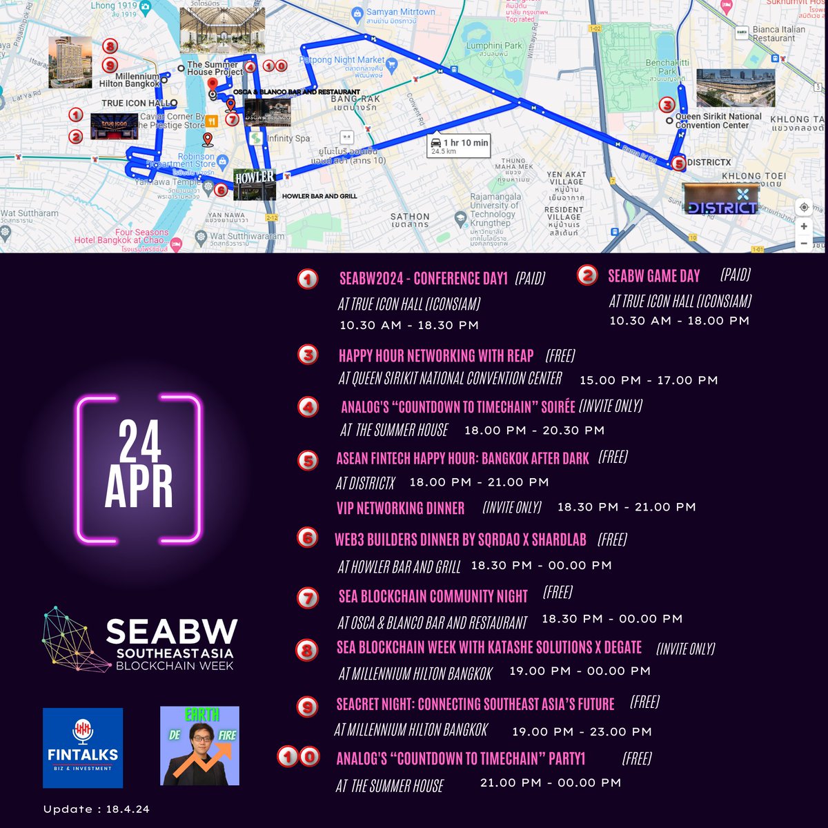 🗺️ ALL IN ONE: ✅ SEABW @SEABWofficial 📅 Side Event Mapping: Get ready to the the upcoming event!! graphic by #EarthDeFIRE ✨ #SEABW: Showcasing the future of Web3 in Southeast Asia 🌐 Join us in Bangkok on April 22-28, 2024! #SEABW2024 👥 Hosted by @scb_thailand x…