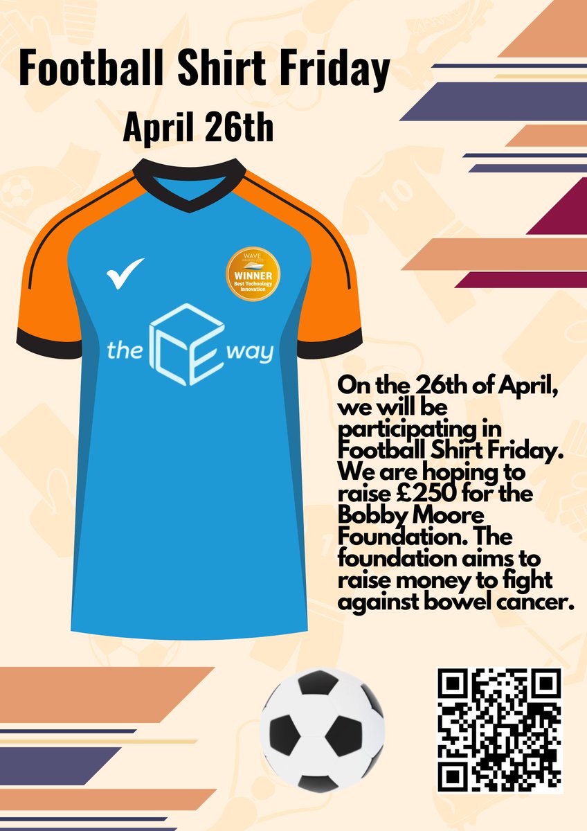 This Friday (26th April), theICEway staff will be participating in Football Shirt Friday to help tackle bowel cancer. We are hoping to raise £250 for the Bobby Moore Foundation. 
If you would like to donate to the foundation, please visit: hubs.ly/Q02trClC0