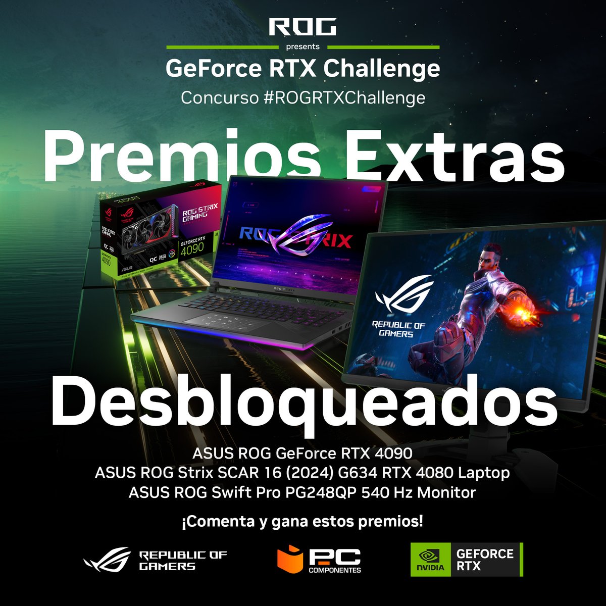 NVIDIAGeForceES's tweet image. Habéis desbloqueado un nivel bonus que solo estará disponible hoy en el #ROGRTXChallenge.

Los premios: una ASUS ROG GeForce RTX 4090, un portátil ROG Strix Scar 16 con RTX 4080 y un monitor ROG Swift Pro PG248Q.

Desbloquea todo este loot y participa con hashtag #ROGRTXChallenge