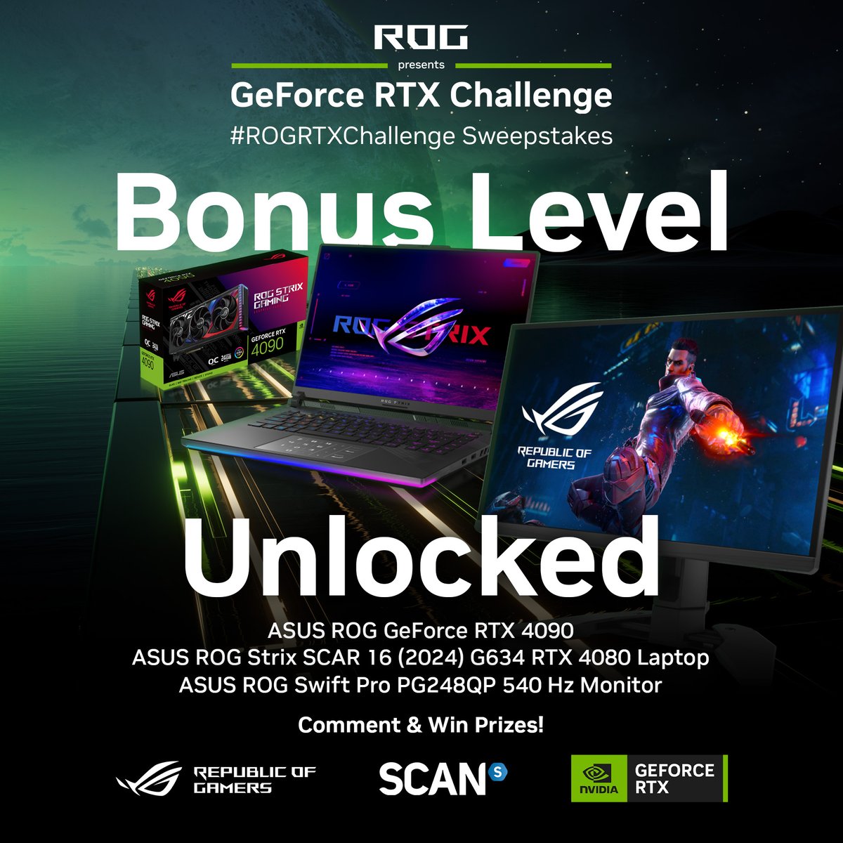 NVIDIAGeForceUK's tweet image. We've unlocked a bonus level for you in our #ROGRTXChallenge Hype Meter for today only!

The prizes: An ASUS ROG GeForce RTX 4090, a ROG Strix SCAR 16 RTX 4080 Laptop &amp;amp; ROG Swift Pro PG248Q Monitor!

To help unlock this amazing loot &amp;amp; take part, reply with #ROGRTXChallenge