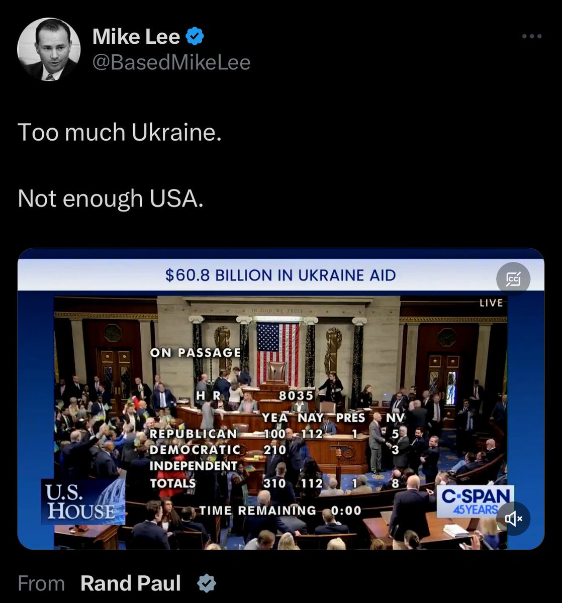 Mike Lee slurps on Putin’s kolbasa 24/7. Of course he has the sadz about the passage of aid to Ukraine. Not just a tool, but a tool of Putin. All day, every day.