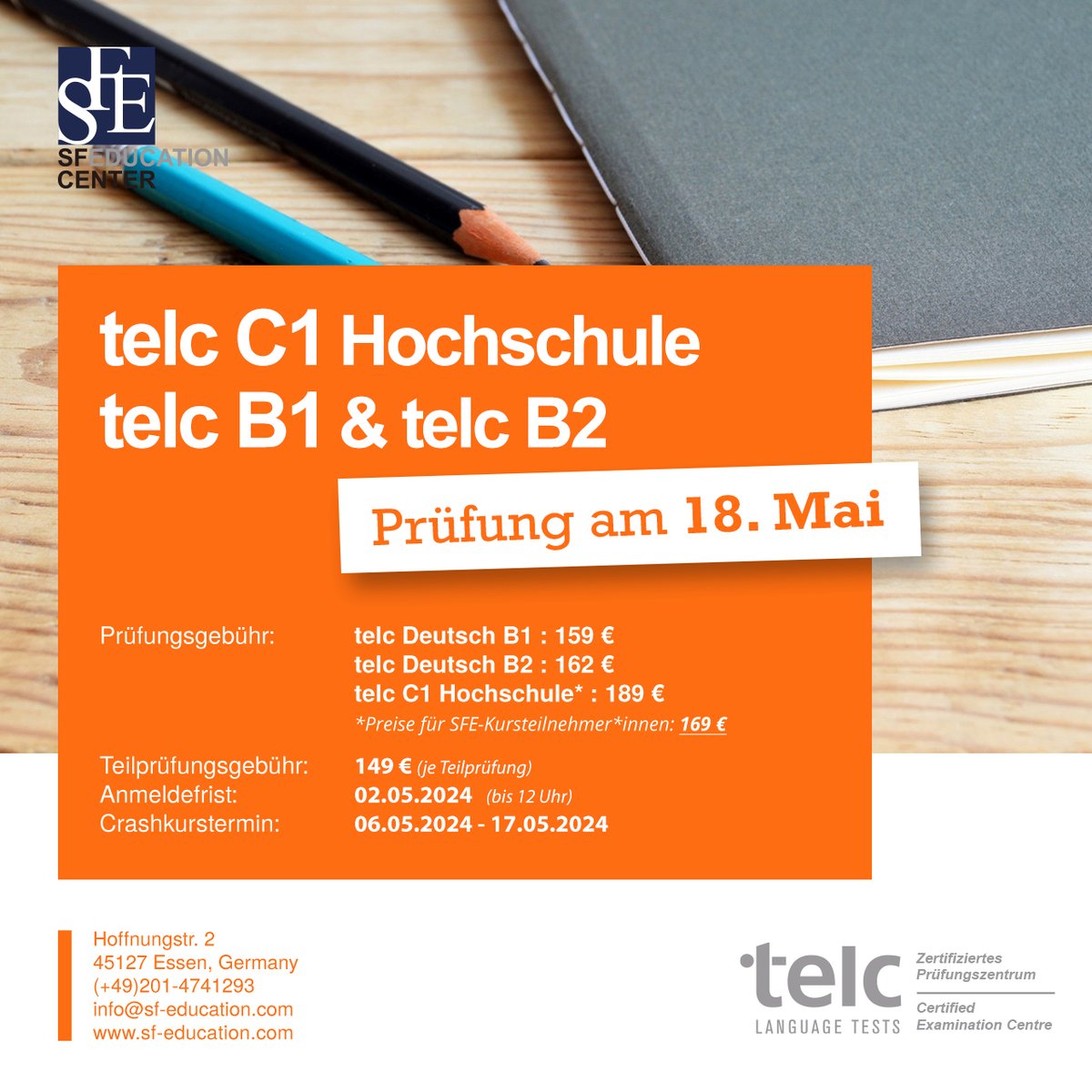 Are you ready?😃
Use your opportunity to take part in the next Telc exam in May.

Any questions? Just get in touch with us😊

Your SFE Team💙

[Ad]
#telc #sprachprüfung #languagetest #learngerman #workingermany #studyingermany #study #language #school #german