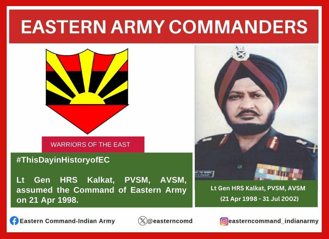#ThisDayinHistoryofEC #OurCommandersatHelm The #WarriorsoftheEast shall always remain indebted for the revered contributions by #LtGenHRSKalkat, PVSM, AVSM and value his contributions to be ever etched down the memory lane. @adgpi @SpokespersonMoD Facebook -…