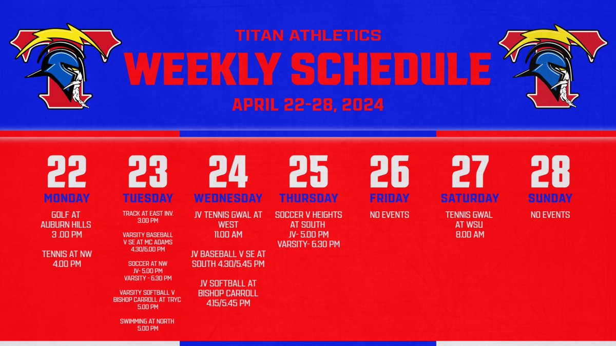 It's a whirlwind of athletic prowess this week as our golfers, baseballers, tennis pros, softball sluggers, soccer stars, track runners, and swimmers dive into action! Let's show our support and #TitanPride for every victory to come! #TITANATHLETICS