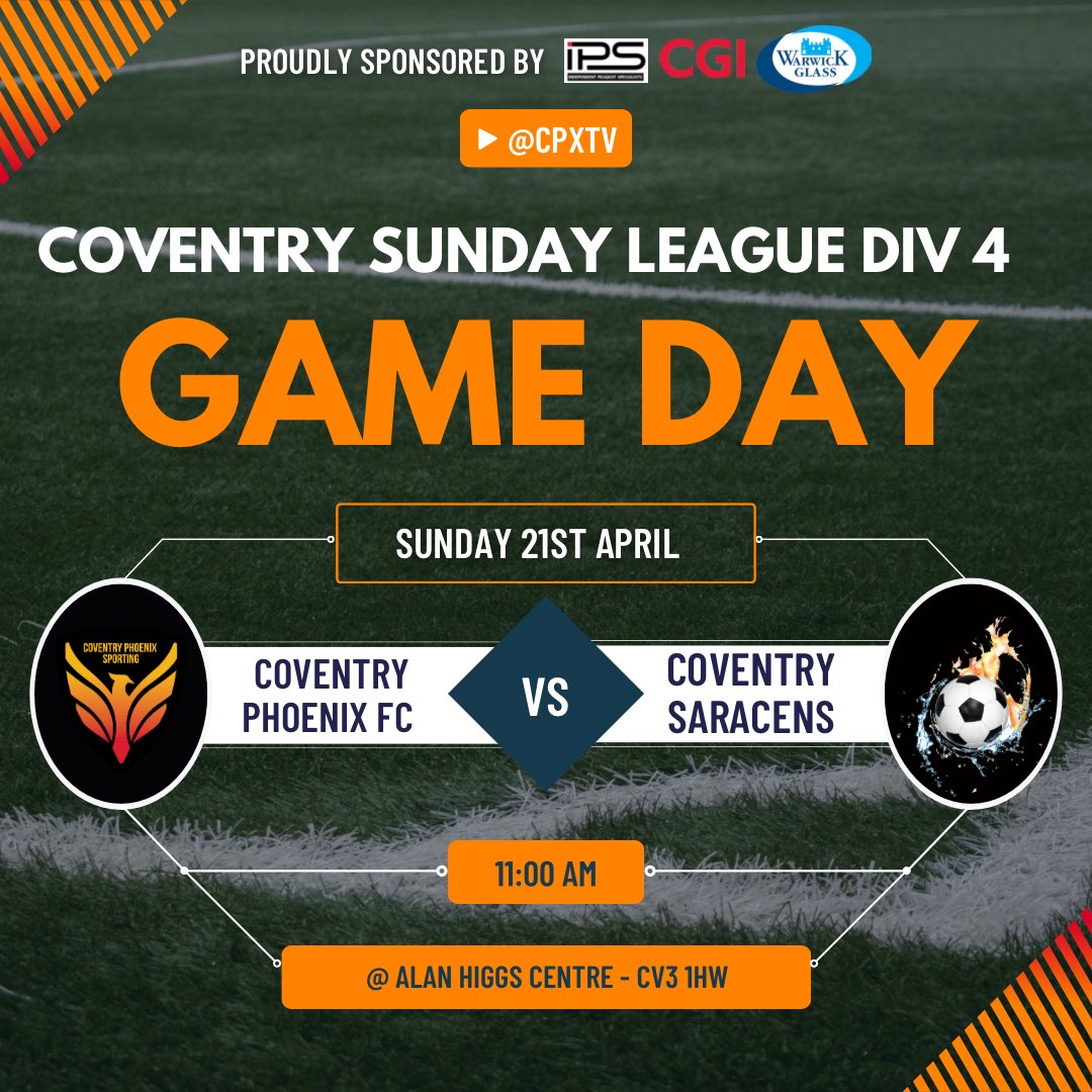 GAME DAY ⚽️

🏆 Coventry Football Sunday League Div 4

Cov Phoenix FC vs Coventry Saracens 

We are proudly sponsored by - IPS - Independent Peugeot Specialists - sponsor our Sunday side, delivering fantastic services, repairs and expert knowledge on vehicles.