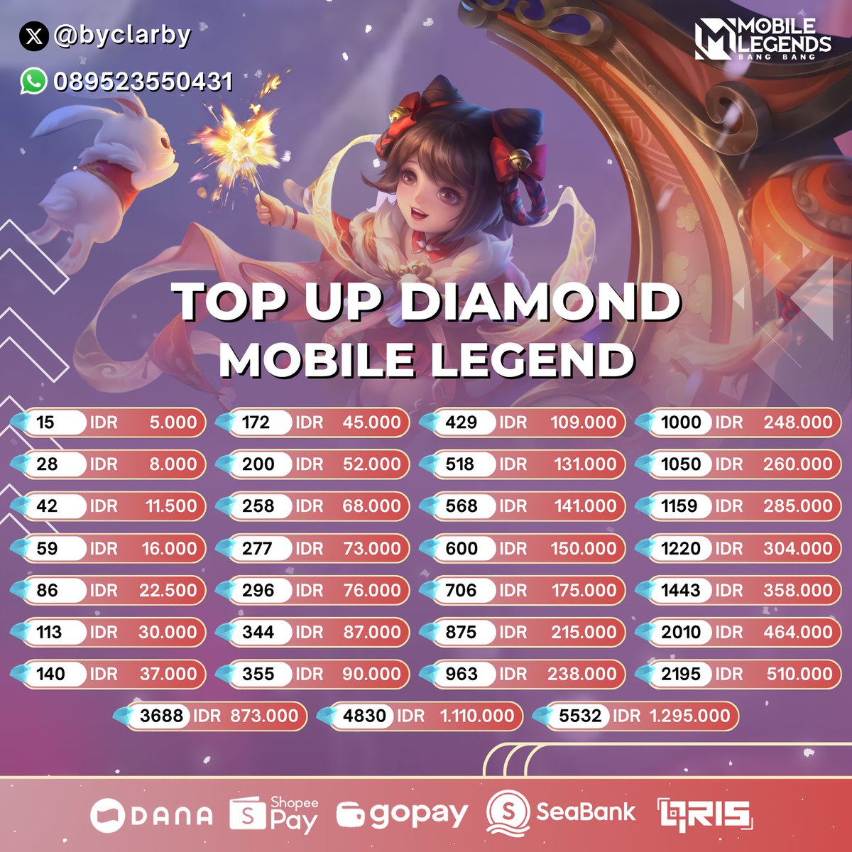 byclarby's tweet photo. 💎 TOP UP DIAMOND MOBILE LEGENDS &amp; WDP  💎

✅ via id server legal 100%
✅ proses fast 2 - 20 menit (max 24 jam jika web error)
💰 spay, dana, gopay, qris, seabank
💖 check #byclarbyTesti
☎ order by dm or https://t.co/QUQGXE5FQa 

t. topup dm ml wdp murah #zonauangᅠ https://t.co/tZ6MIDZyXa