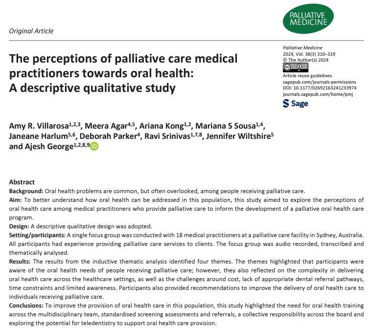 More emphasis should be placed on multidisciplinary oral health continuing education and training, oral health screening and clear referral pathways for people receiving palliative care. #hpm #hapc buff.ly/4aHrmD3