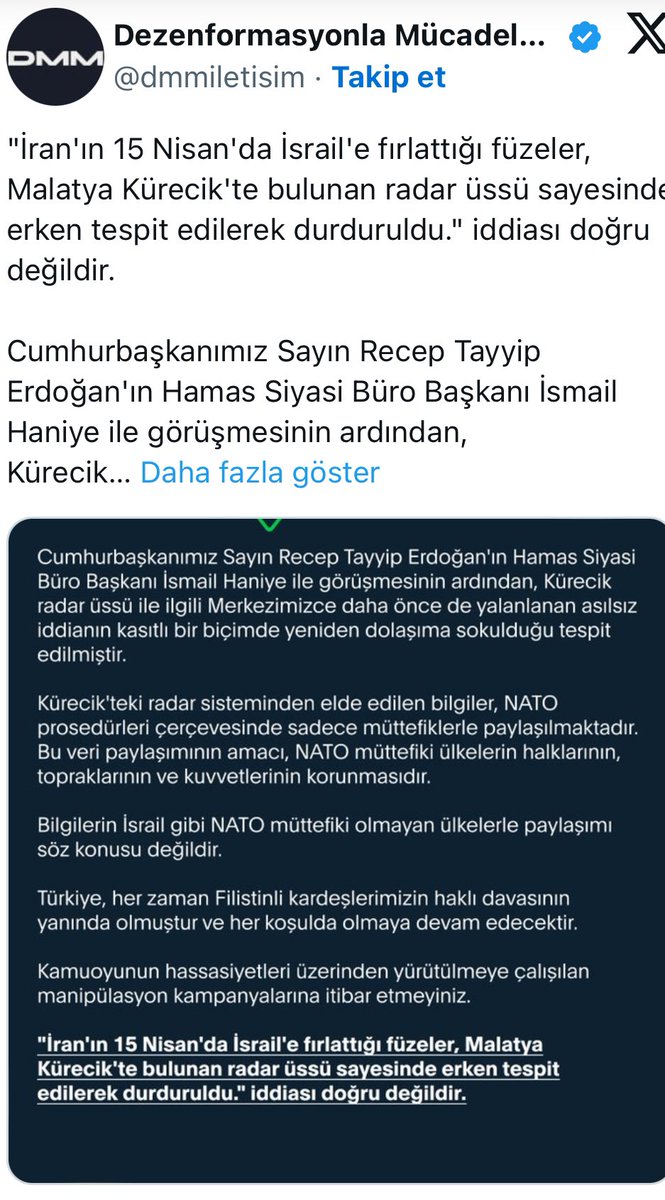 Yrp’lilerin Yalanına İletişim başkanlığından Yalanlama İletişim Başkanlığı'ndan 'Kürecik' iddialarına yalanlama Dezenformasyonla Mücadele Merkezi, 'İran'ın 15 Nisan'da İsrail'e fırlattığı füzeler, Malatya Kürecik'te bulunan radar üssü sayesinde erken tespit edilerek