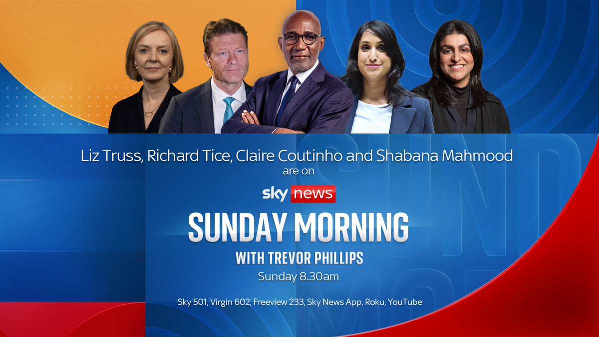 Unmissable line-up as ever joins @TrevorPTweets 🔵 Net Zero Sec @ClaireCoutinho 🔴 Shadow Justice Sec @ShabanaMahmood 🇬🇧 Reform UK leader @TiceRichard 🔵 Former PM @trussliz ➕ our panel: @ShippersUnbound, @Jacqui_Smith1 and @JustineGreening Live from 8.30 on @SkyNews
