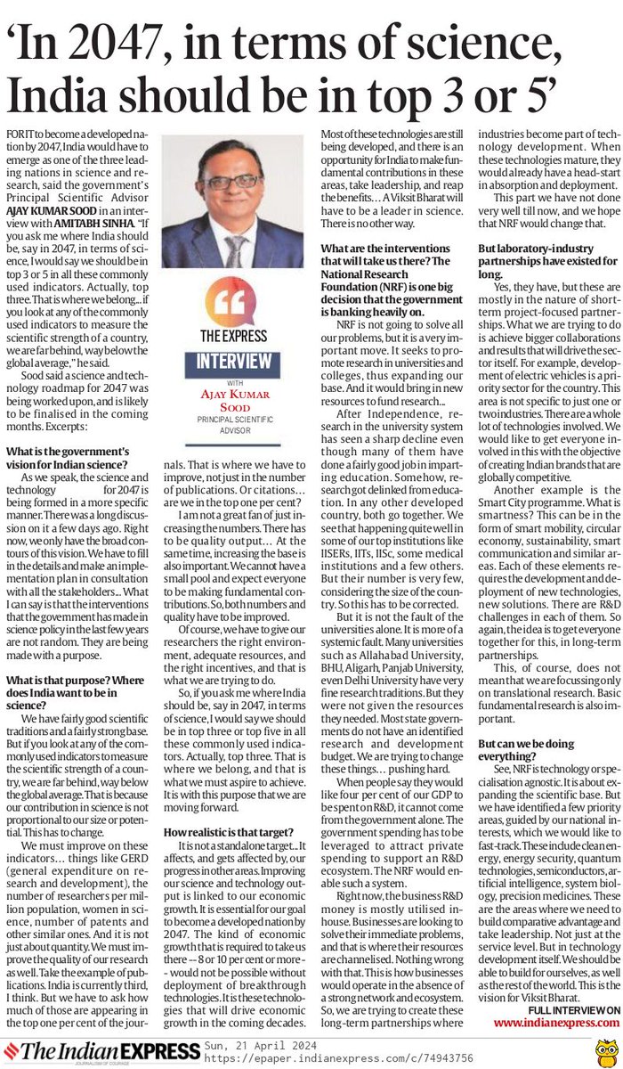 In 2047, in terms of science, India should be in top 3 out of 5, says Principal Scientific Adviser to the Government of India Prof. Ajay Kumar Sood in an exclusive interview with the @IndianExpress Read the full interview here: indianexpress.com/article/india/… Courtesy: @IndianExpress…