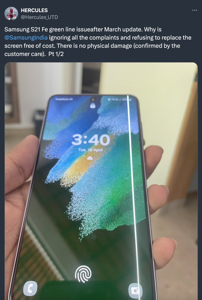 techdroider's tweet photo. Multiple Samsung Galaxy S21 series users reporting Green line on Display after the Software Update.

If you own one of the affected device models, stay cautious and avoid updates until companies address this widespread issue. Affected users, please share your experience. https://t.co/BwNXOWTSKZ