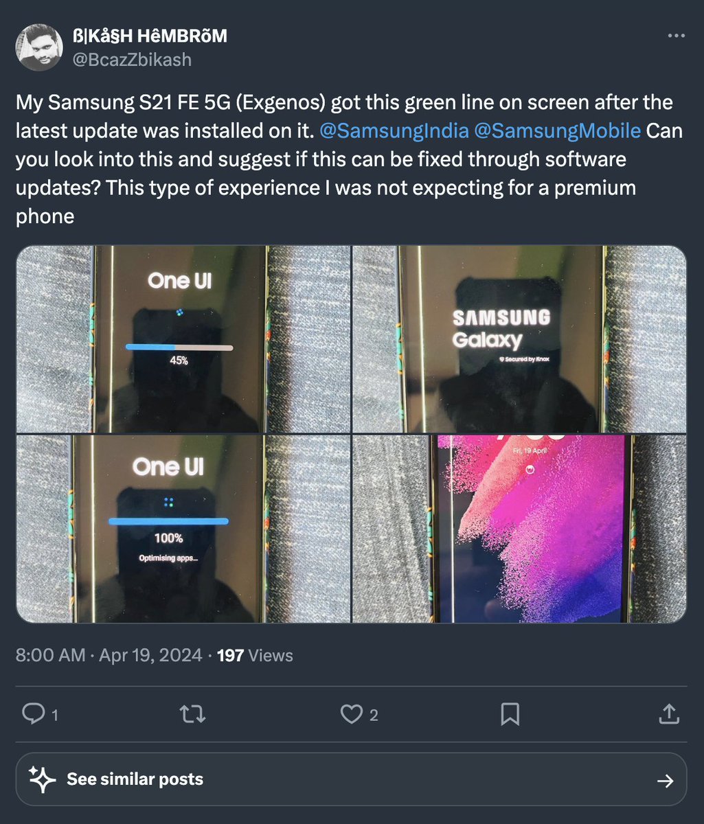 techdroider's tweet photo. Multiple Samsung Galaxy S21 series users reporting Green line on Display after the Software Update.

If you own one of the affected device models, stay cautious and avoid updates until companies address this widespread issue. Affected users, please share your experience. https://t.co/BwNXOWTSKZ