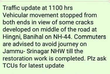Jammu Srinagar NH Traffic update