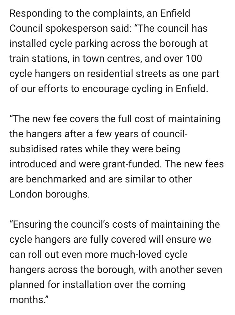 Enfield are putting the cost of a place in a cycle hangar up from £12 a year to £72 😱 Tin-eared quotes like this one (“more of the cycle hangars you love!”) do absolutely nothing for trust in local democracy road.cc/307939