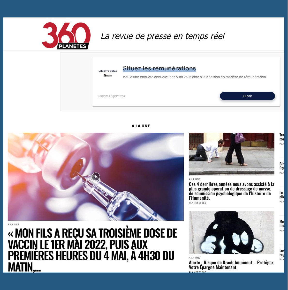 slpng_giants_fr's tweet photo. Bonjour @LefebvreDalloz, 

Votre pub Web s'est égarée sur #planetes360.fr, un site ultracomplotiste, antivax et pro-Poutine, classé par #NewsGuard dans le top 10 des plus grand pourvoyeurs de désinformation en France.

Allez-vous retirer ce site de vos campagnes ? https://t.co/RZx5hivdXd
