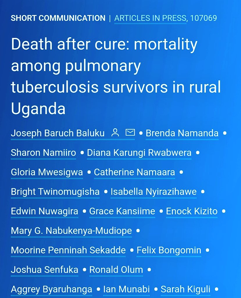 In our new 🗞️: ijidonline.com/article/S1201-… We found that despite being cured of TB, TB survivors die at a rate of up to 10 times the general rural population in Uganda. Unemployment and hospitalisation are risk factors. We need social protection measures for #TB survivors.