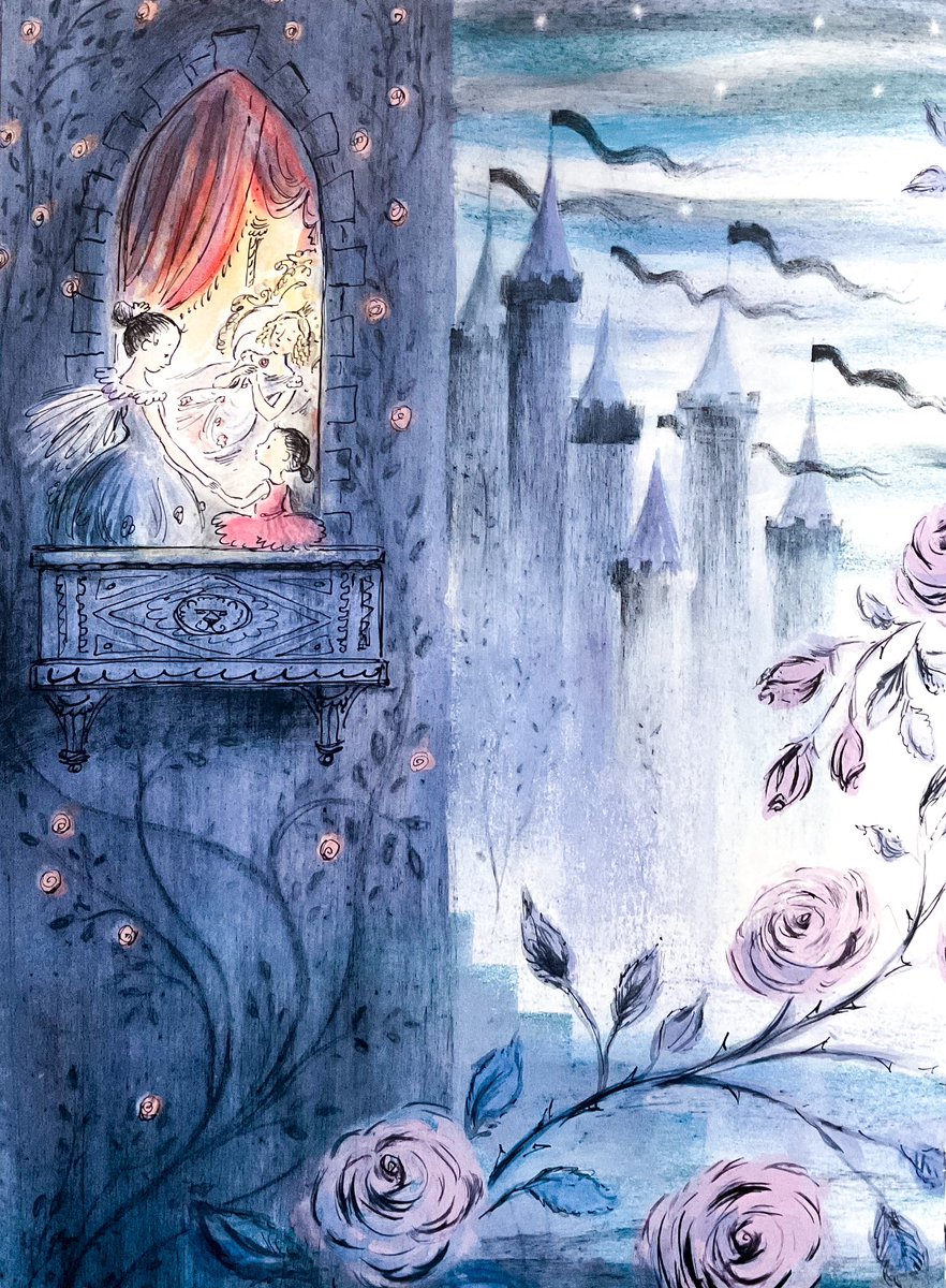 #BookIllustrationOfTheDay is from “Ella Bella Ballerina and the Sleeping Beauty” (2007)

Complex (non digital) layers of art create a vintage lithographic feel for this series, a nod to the 50s & Duvoisin etc.

Here the Lilac Fairy summons a forest of roses…(detail)

#60for60