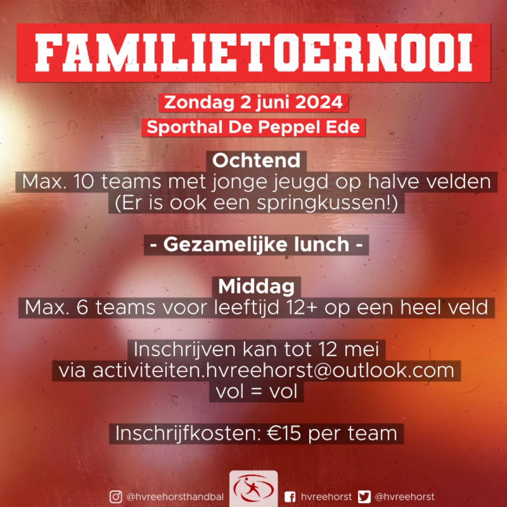 • FAMILIETOERNOOI •

Dit jaar als afsluiting van het seizoen, het welbekende familietoernooi!
Inschrijven kan tot 12 mei!

#familietoernooi #eindevanhetseizoen