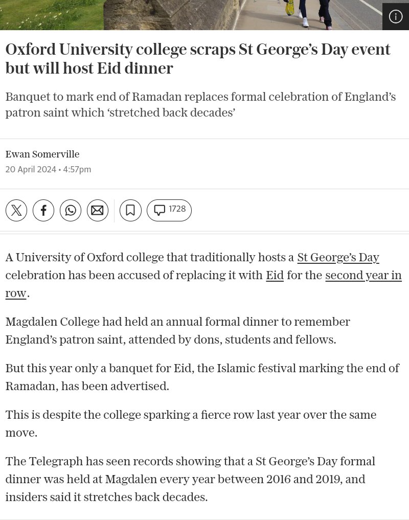 “We will sit together in the body of the Hall, and the meal will follow Muslim customs: the meat dish will be Halal and no alcohol will be served. There will therefore be no dessert. Cultural dress is both welcome and encouraged, or black tie..'
telegraph.co.uk/news/2024/04/2…