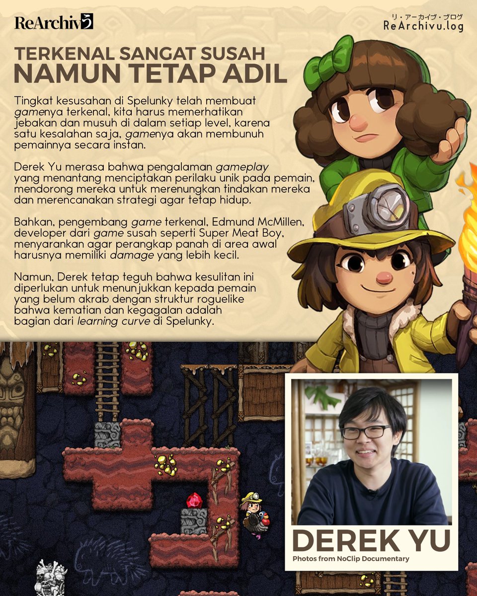 Rearchivu's tweet photo. Spelunky, menggabungkan konsep perma death dan platformer menjadi core mechanicnya. Sejak saat itu, genre ini di ekspan secara luas, bahkan menggabungkan genre seperti card game di Slay the Spire atau genre strategi di FTL.
#derekyu #spelunky #roguelite https://t.co/38MdjvItPG