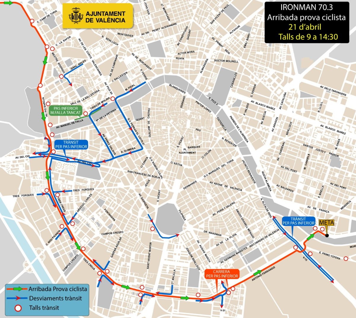 👟 Bon dia! Hui es celebra el triatló #IronMan 70.3 #València 🚧 Talls al trànsit fins a les ⏰ 10:30h a 📍 la #Malvarrosa i @lamarinadevlc, i de ⏰ 9 a 14:30h a 📍l'av. Mestre Rodrigo i Bulevard sud. 🚫Consulta afeccions al plànol de @TransitValencia