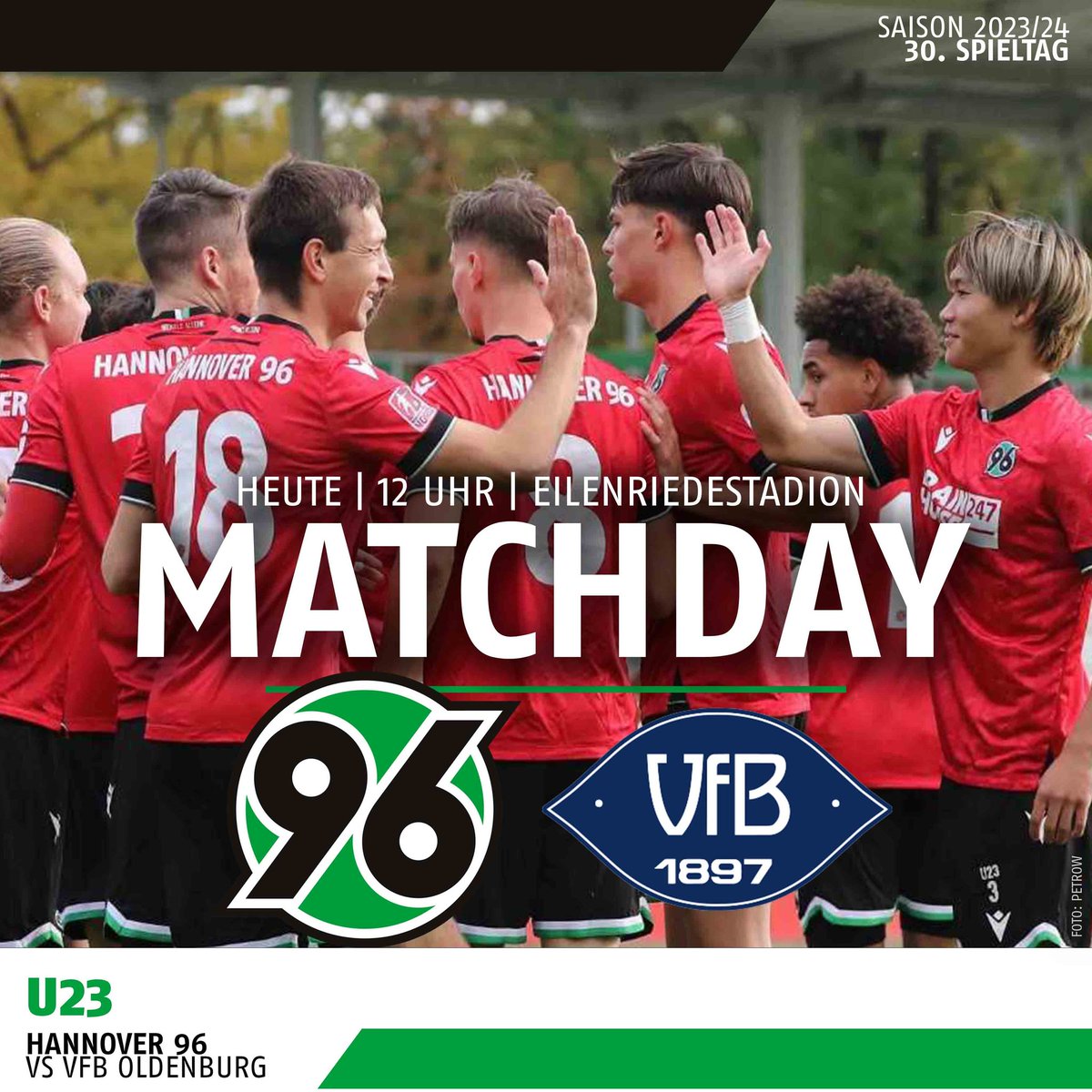 Heute geht's weiter im Kampf um die Meisterschaft in der #Regionalliga Nord. Am 30. Spieltag erwartet unsere #96U23 den @vfboldenburg. Seid Ihr dabei? #H96 #96Akademie #NiemalsAllein ⚫️⚪️💚