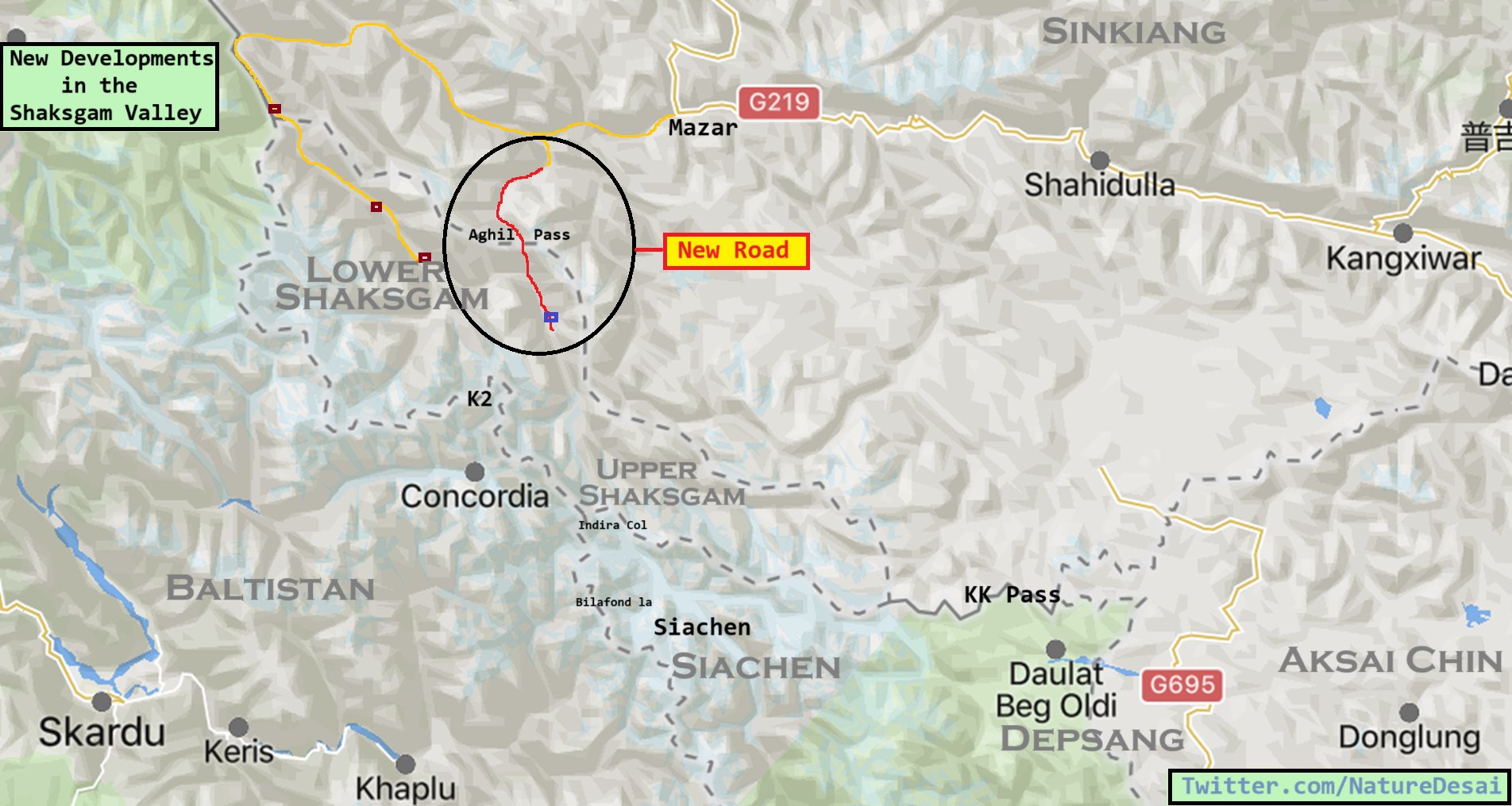Map showing recent developments in Shaksgam valley.