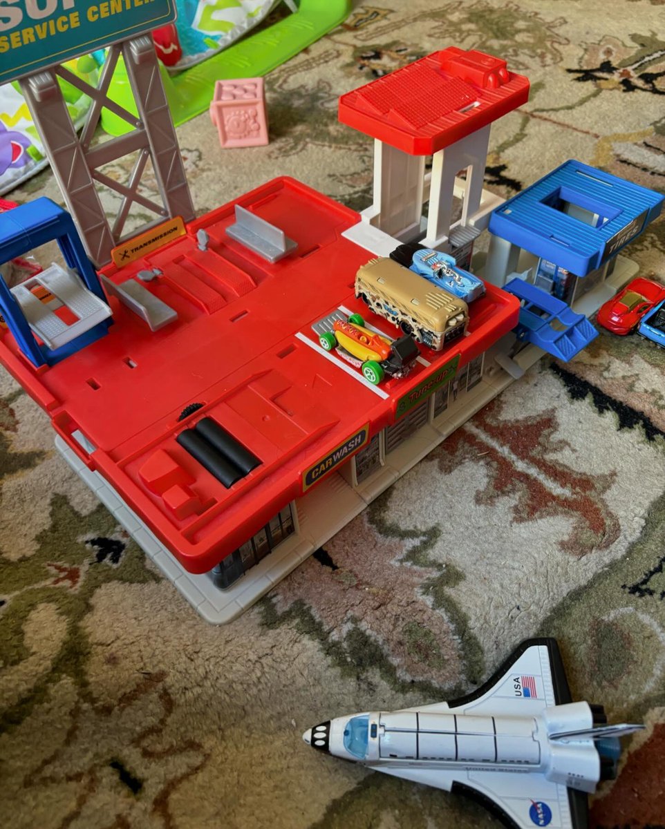 After late-night partying (for big sprog) it’s time to wake up slowly and create a new world, where Thomas’ Nia lives on an exer-saucer - and the space shuttle and the Blue Angels live in a Matchbox garage!