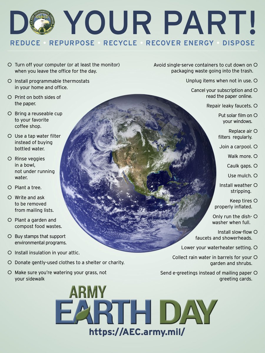 We join the nation in observing Earth Day on April 22.  The @USArmy invests in our planet through Army environmental programs. Check out these handy tips on how you can 'do your part' in helping the environment. 🌎