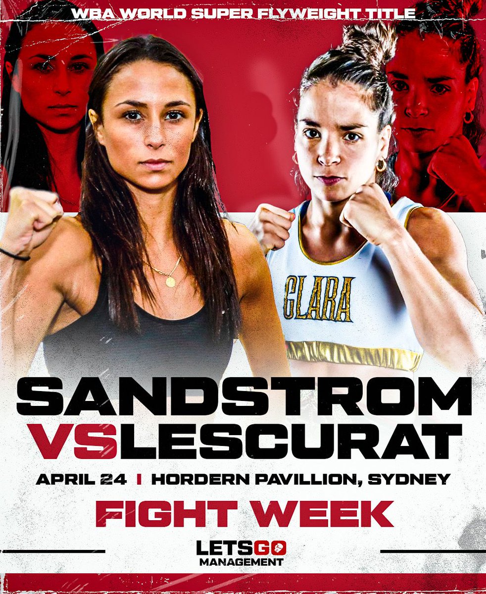 FIGHT WEEK !! 🇦🇺 WBA WORLD TITLE 🌎🏆 @sandstromboxer will be fighting in her hometown Sydney, Australia this Wednesday against Undefeated World Champion Clara Lescurat for the WBA World Super Flyweight Title on a huge card headlined by Nikita Tszyu V Danilo Creati #LetsGooo!