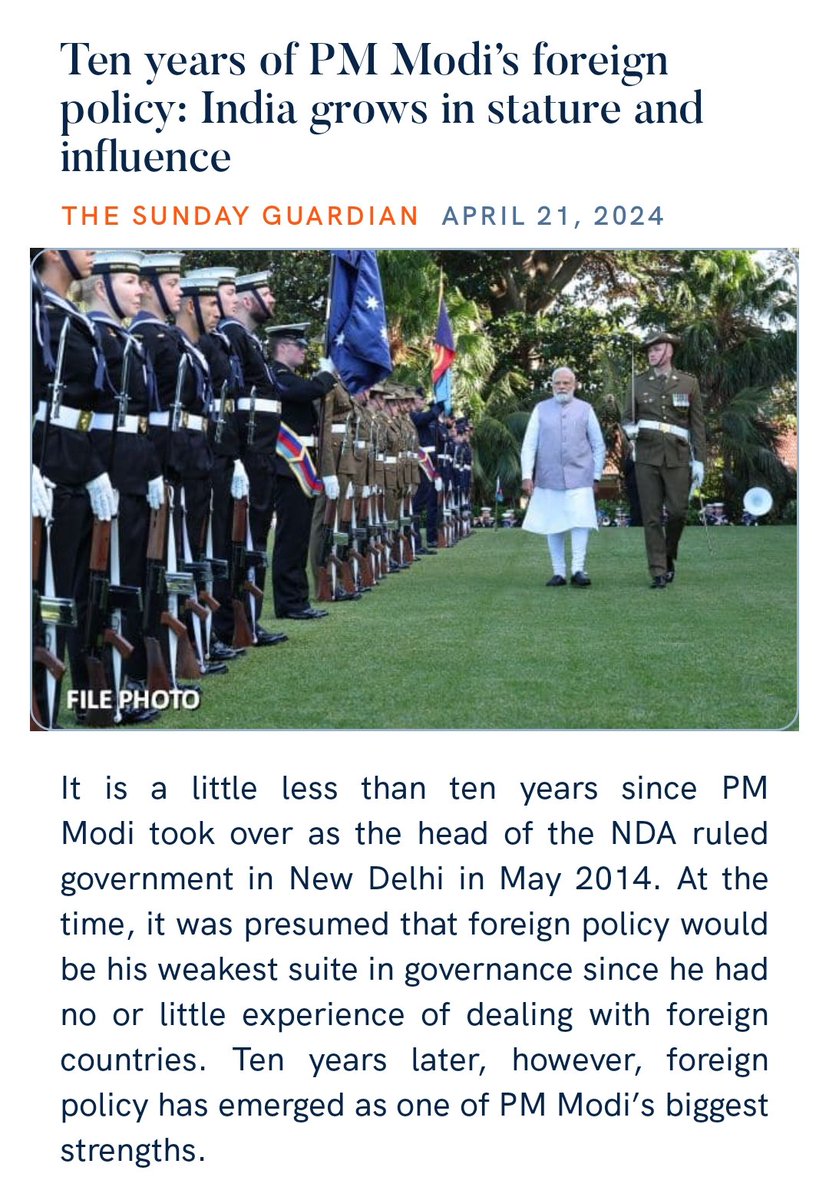 #VasudhaivaKutumbakam 
#NeighbourhoodFirst
#ModiTheWorldLeader
Leading From Front!
Leading By Example!
Ten years of PM @narendramodi Ji
foreign policy: India grows in stature and influence
From Fragile Country to the Super Power of the World!
sundayguardianlive.com/opinion/ten-ye…
@PMOIndia