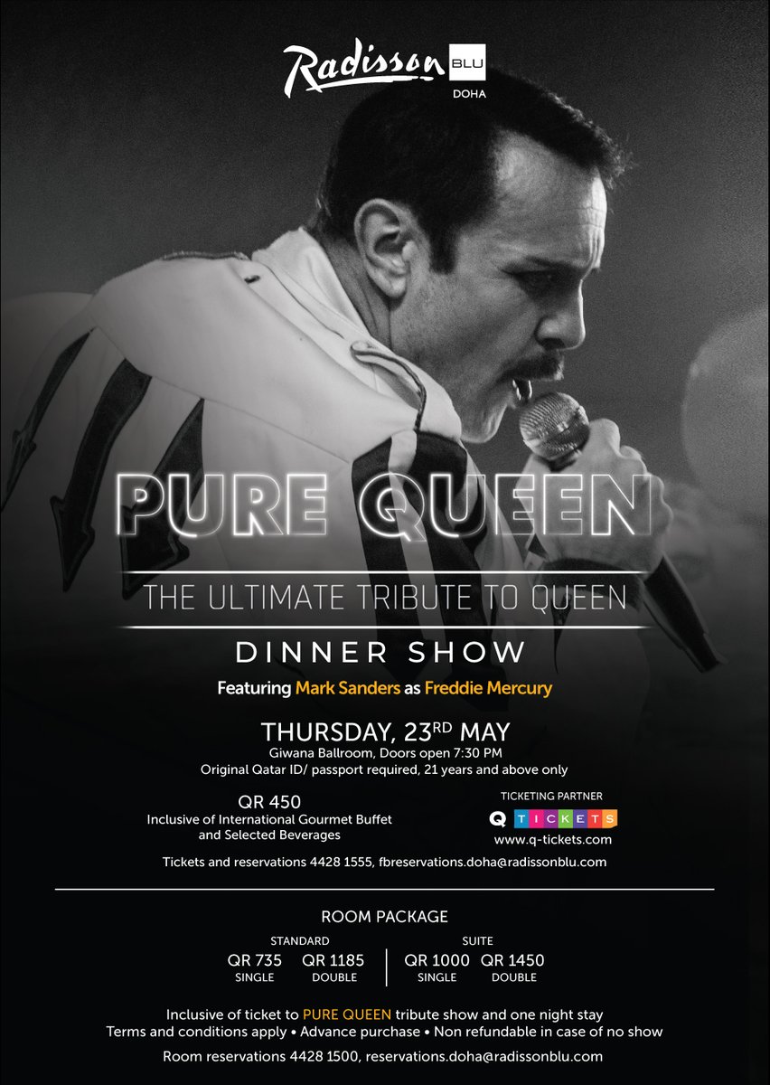 Mark your calendars for 23 May 2024!

Join an unforgettable evening of legendary hits at the PURE QUEEN Tribute Dinner Show in Radisson Blu Hotel, Doha.

Reserve your table now!

#RadissonHotels #RadissonBlu #RadissonBluHotelDoha #TributeShow