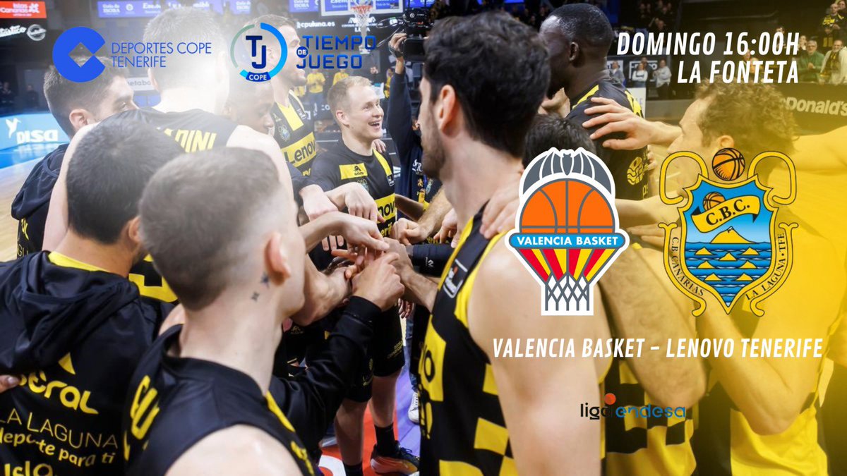 Hoy hay @tjcope🏴󠁧󠁢󠁳󠁣󠁴󠁿 🏀 @valenciabasket - @CB1939Canarias 📍La Fonteta ⏰ 16:00 (15:30 en directo) 🎙️ @CGarciaDavila 🎤 @juanjo_ramos 🗣️ @aluque53 📻@CopeCanarias 📲 APP 💻 cope.es/directos/cope-… 📩 610.10.80.11