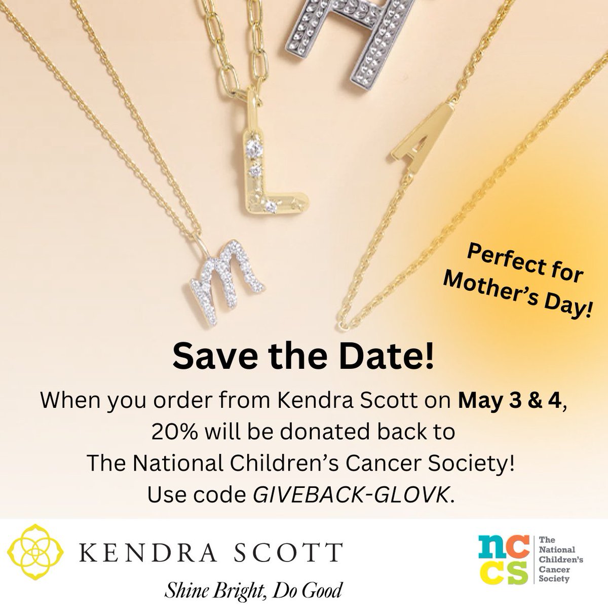 When you shop from kendrascott.com on May 3rd and 4th, 20% of the proceeds will be gifted back to the NCCS! This is the perfect opportunity to shop for Mother's Day, graduations, or just because!  #ShopForACause #MothersDayGifts #GraduationGifts #CharityEvent #theNCCS