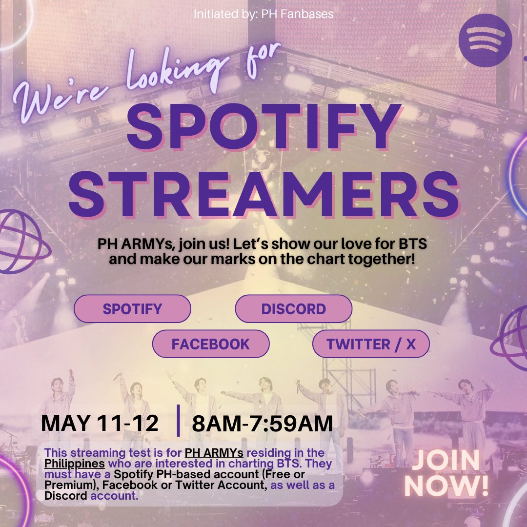 📢Calling all 🇵🇭PH ARMYs! Ready to reclaim the 'Monster Streamer 🥇' title? Mark your calendars for the Round 2 of the Streaming Test Project on May 11-12. We need your support to make this project a success! Please consider joining 🙏 Sign up now! 👉bit.ly/SpotifyTesting…