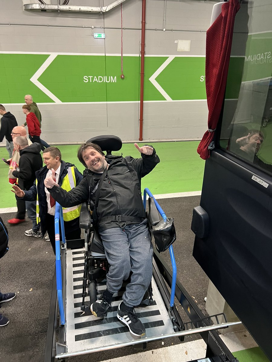 Richard from Hulme in Manchester. Goes home and away with Man Utd. The coach is adapted to hold four wheelchairs. Thinks today with be a scrappy 1-0 win. Bruno.