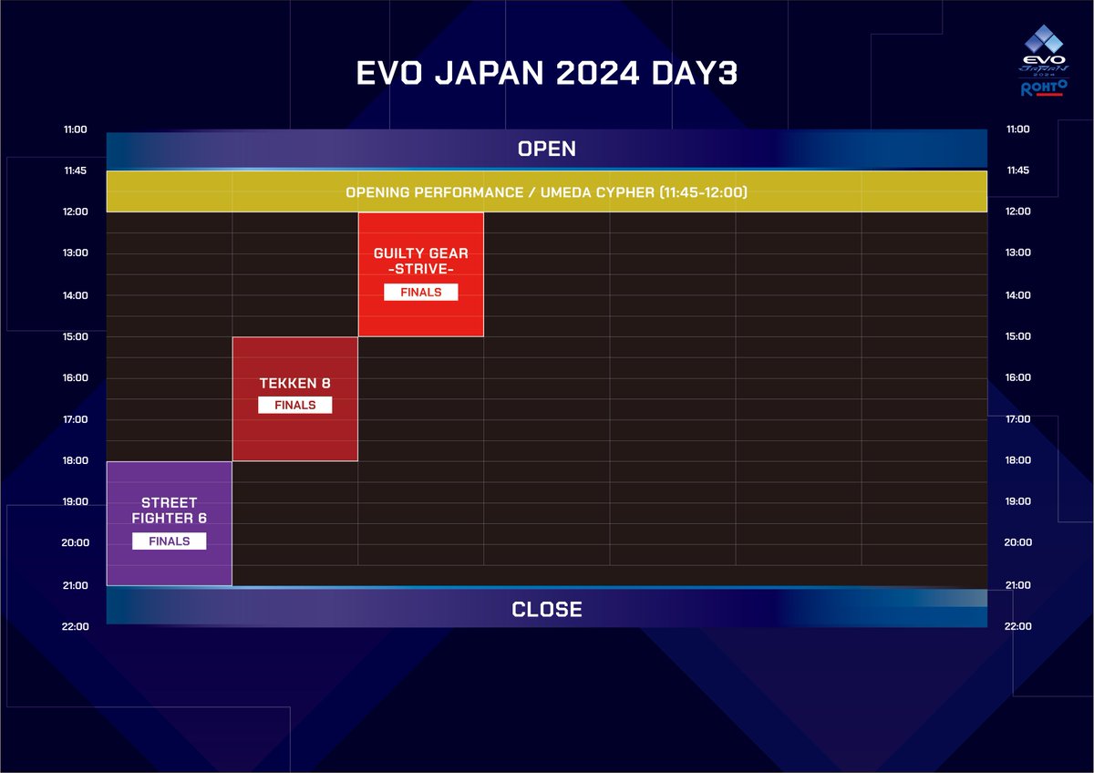 evojapan_info's tweet photo. ◆◆◆◆◆◇◇◇◇◇
#EVOJapan2024 カウントダウン６

大会スケジュールを公開！
The event schedule has been released!

配信・キャスト陣は後日発表。お楽しみに。

#EVOJ24 https://t.co/SR9WtbCwfl