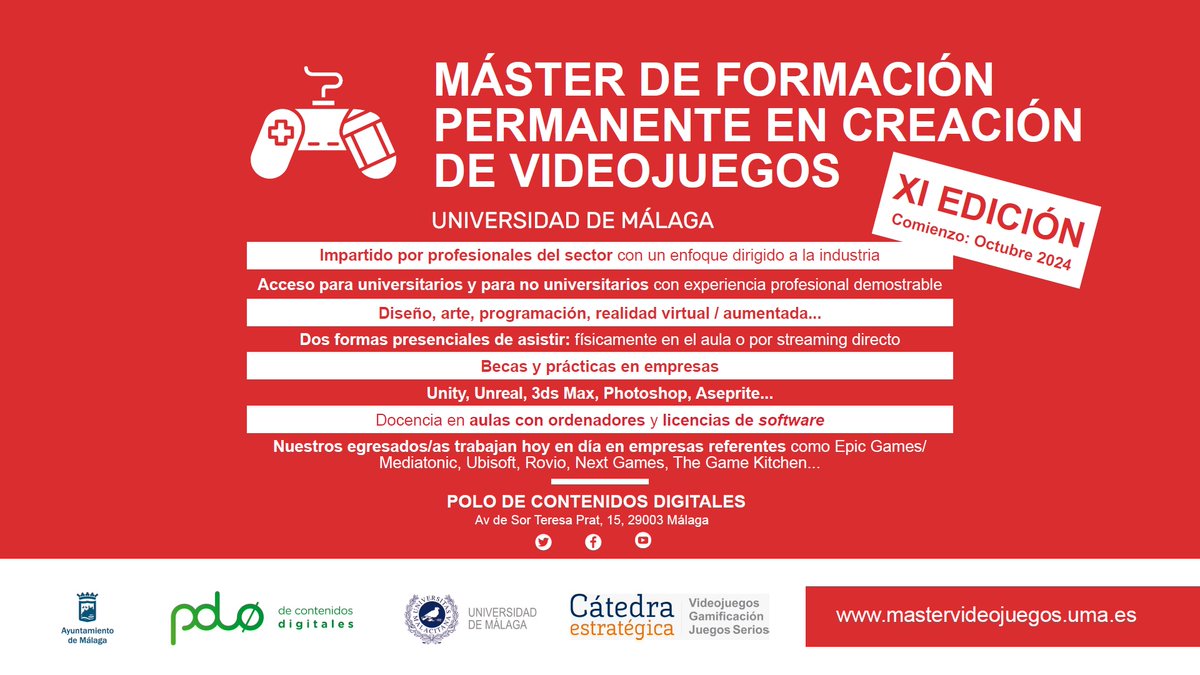 ¡Arranca el 11ª Máster en Creación de videojuegos de la Universidad de Málaga! Único máster universitario en Andalucía. Preinscripciones abiertas desde 16/04/2024. Inicio: Octubre 2024. mastervideojuegos.uma.es #formacion #Universidad #Malaga #gamedev #diseño #programacion