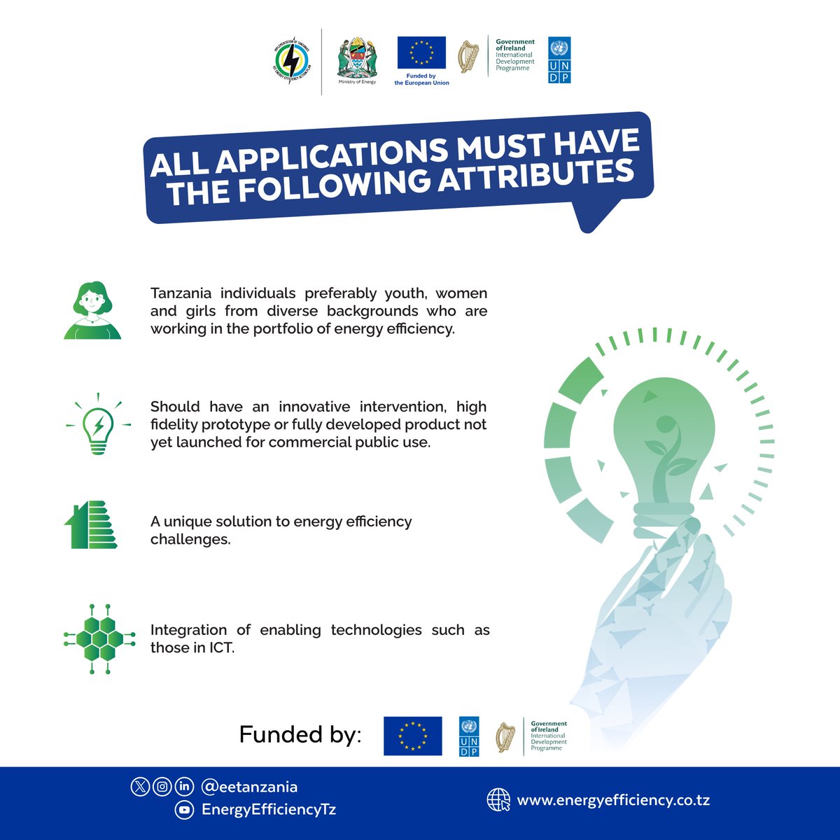 Join the Energy Efficiency Innovation Challenge for a chance to win up to 25,000,000 TZS as seed capital for your project! #EnergyEfficiency #InnovationChallenge #SustainableFuture @EUinTZ, @nishati2017 @IrlEmbTanzania
To apply, visit: energyefficiency.co.tz