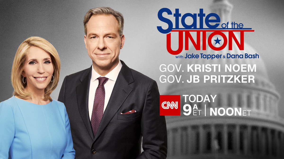 TODAY on #CNNSOTU w/ @DanaBashCNN: ➡ @GovKristiNoem ➡ @GovPritzker ➡ PANEL: @JamalSimmons, @KBeds, @ScottJenningsKY and @RepTonyGonzales Tune in on 📺 @CNN, 🌎🌍🌏 @cnni, @StreamOnMax, 🎧📻 @Audacy, @tunein, @SIRIUSXM Ch. 116 & 🖥️💻📲 cnn.com/GO!