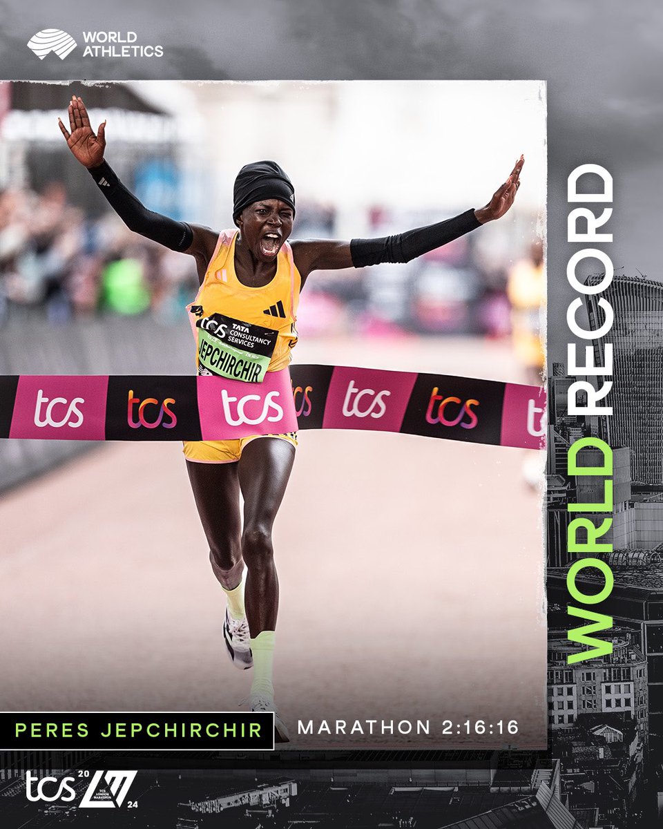 ANOTHER WORLD RECORD FOR 🇰🇪 Insane sprint to the tape, Peres! Absolutely sensational.. Congratulations Peres Jepchirchir for smashing the women-only marathon world record to smithereens, clocking 2:16:16 while winning the @LondonMarathon today. Fantastic preparation for the