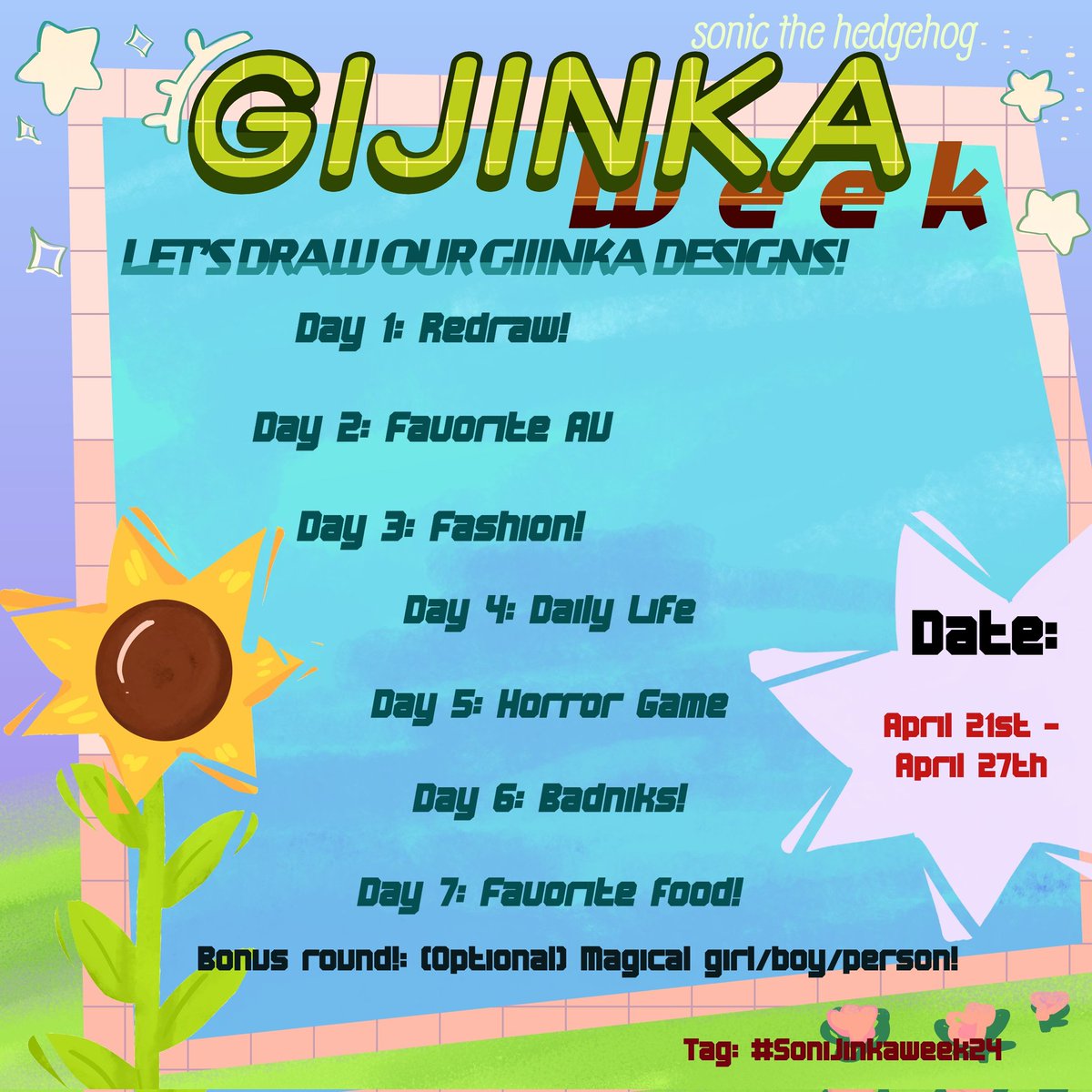 Hello everyone as of today im hosting a Sonic Gijinka week! This event last from April 21st to April 27th! Hoeever feel free to post whenever! Use the tag #Sonijinkaweek24 See replies for details and have fun! #SonicTheHedgehog