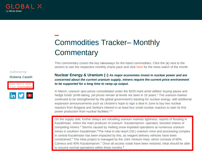 PraiseKek's tweet photo. $KAP 🇰🇿 According to @GlobalXETFs, storms impeded operations at numerous #uranium mines. This has impacted the $CCJ JV Inkai mine & processing complex, as reagent delivery vehicles have been constrained. #Inkai should be able to resume normal operations within three months 👀 https://t.co/fzxCflJqrz