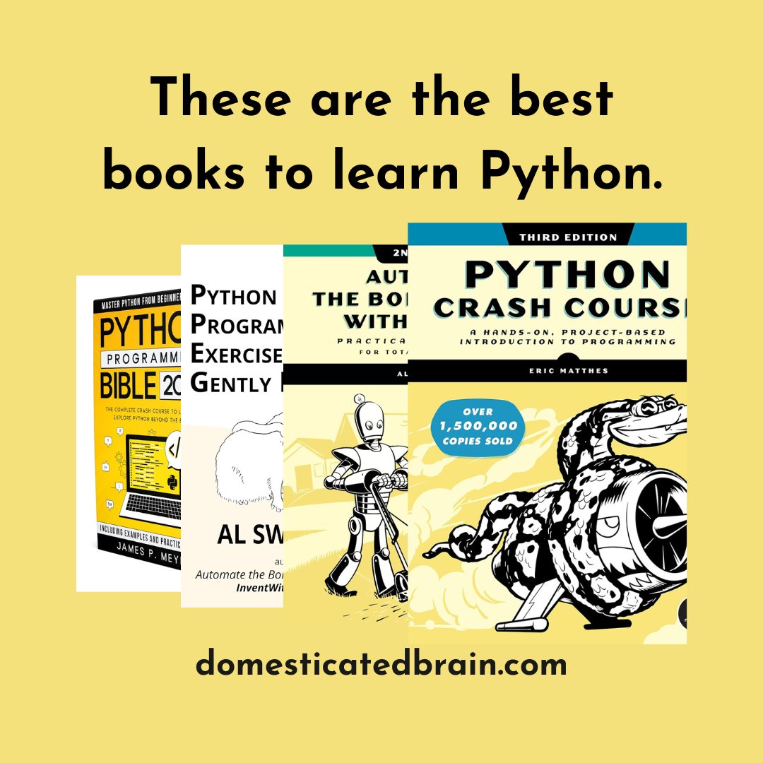 These are the best books to learn Python.       

1 amzn.to/49rBpuW
2 amzn.to/42wZJcP
3 amzn.to/3OzibeY
4 amzn.to/3usDOXF 

#100DaysOfCode #CodeNewbie #WomenWhoCode #devops #code #Coding #DataScience #AI #ML #programming #Python #DataScientists
