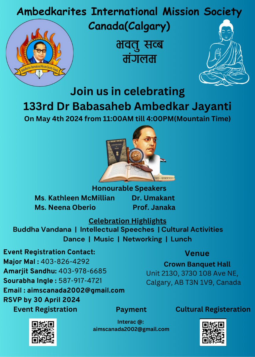 133rd Birth Anniversary of Dr. B. R. Ambedkar - AIM Society Canada - May 4th 11:00 AM Calgary, Canada
#133rdJayanti #AIMSocietyCanada #AIMWorldwide #JaiBhim