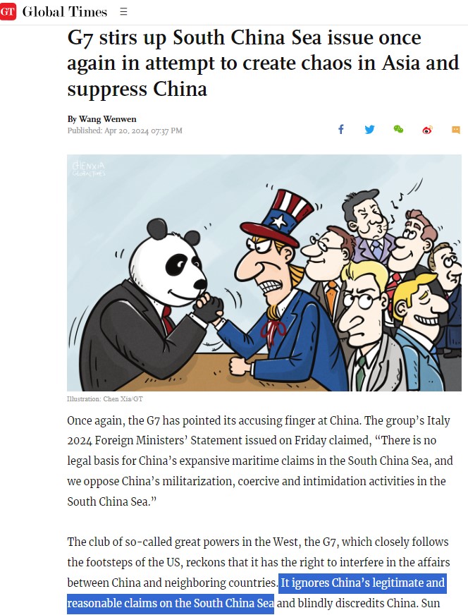 Here comes another Global Times article for our daily digest of jokes. According to this article, G7 states are just stooges of the US & that China's claims in the #SouthChinaSea are 'legitimate & reasonable'. Say what? @SolomonYue @Midnightcause 1/2
globaltimes.cn/page/202404/13…
